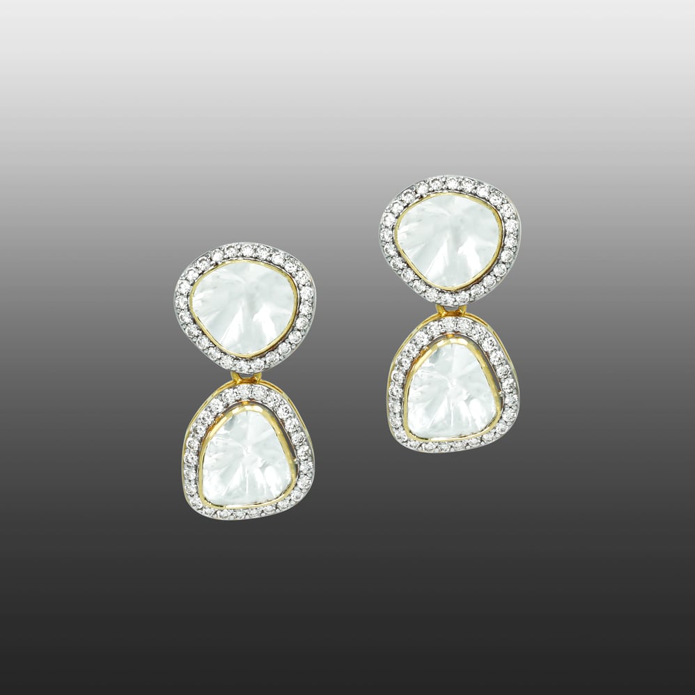 Double Drop Polki Earrings with Diamond Halos